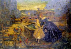 Elegant Lady With Her Daughter On A Terrace With An Ornamental Garden Beyond by Robert James Enraght Moony