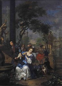 An Allegory Of Love: A Couple Beside A Fountain In A Garden With An Elegant Company At Dinner