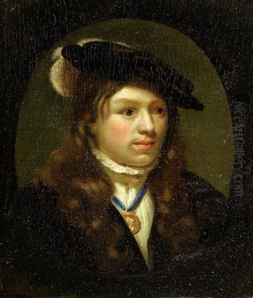 Portrait Of A Boy, Bust-length, In A Feathered Cap, Within A Painted Oval - view 1