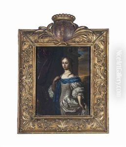 Portrait Of A Lady, Small Three-quarter-length, In A White Satin Dress And Blue Wrap, Standing By A Crimson Curtain, A Mansion And Estended Landscape Beyond