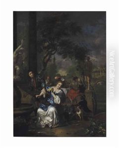 An Allegory Of Love: A Couple Beside A Fountain In A Garden With A Dinner Party Beyond