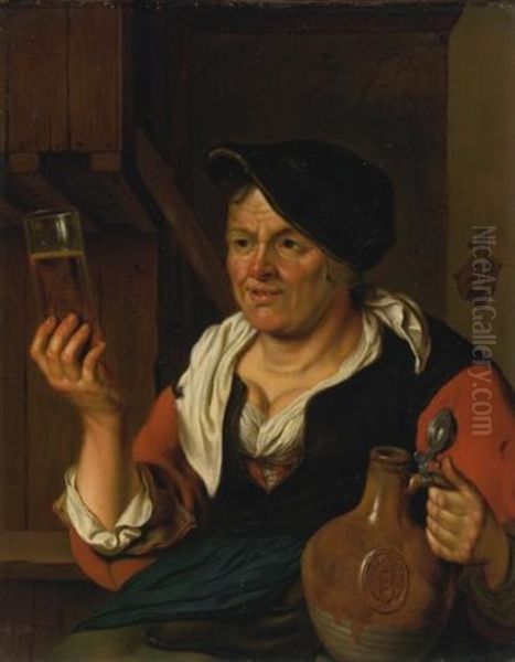 Peasant Woman In An Interior Holding A Glass Of Beer And Jug - view 1