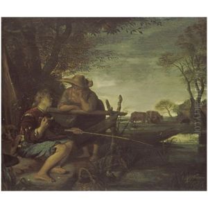 A Boy Fishing At The Edge Of A Brook, Talking To A Young Lady