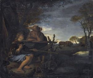 A Boy Fishing At The Edge Of A Brook, Talking To A Young Lady