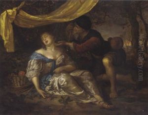 A Shepherd Kneeling Over A Lady Sleeping Under A Canopy In A Wooded Landscape by Carel de Moor