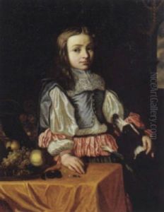 Ritratto De Giovane Con Levriero Presso Un Tavolo Con Un Cesto Di Frutta E Vaso In Metallo, In Un Interno