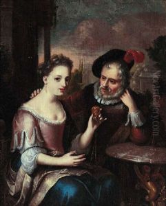 An Elderly Man With A Young Lady Holding A Pendant by Carel de Moor