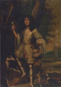 Portrait Of A Gentleman Falconer, Holding A Plumed Hood, A Hawk Resting On His Arm, With Hounds In A Landscape by Carel de Moor