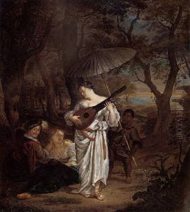 A Young Lady Playing The Theorbo-lute With A Negro Page And A Pair Of Lovers At The Edge Of A Wood