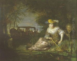 Jeune Femmme Pechant Avec Un Berger A La Flute