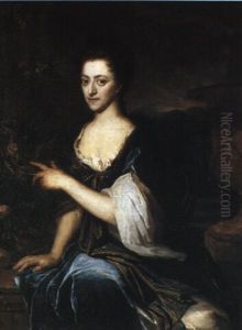 Portrait Of A Lady With Her Squirrel, Three Quarter Length, Wearing A Blue Dress by Carel de Moor