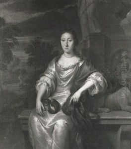 Portrait Of A Lady, Three-quarter Length, Wearing A White   Satin Gown, Seated With A Lapdog, In A Formal Garden