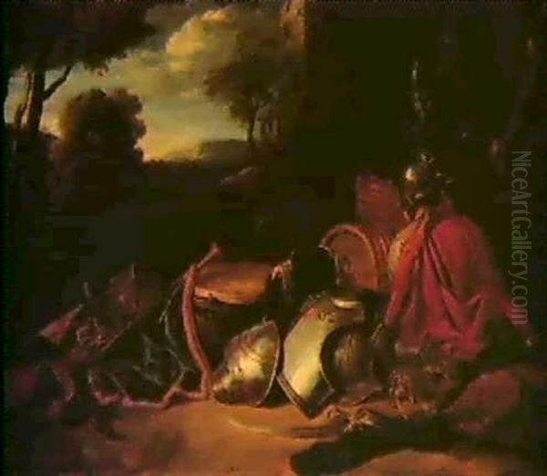 A Still Life Of Military Equipment Accompanied By Two       Soldiers, In A Landscape - view 1