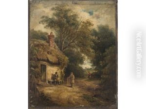 Figures Conversing Beside A Cottage; Woman Crossing A Stream; A Pair by John Moore Of Ipswich