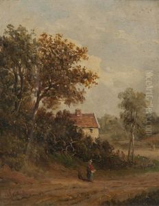 Figures On A Country Lane Beside Cottages (pair)