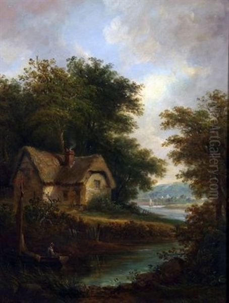 River Landscape With Figures In Boat By A Cottage - view 1