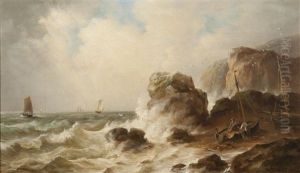 Northumbrian Coast Scene With Stormy Seas by John Moore Of Ipswich