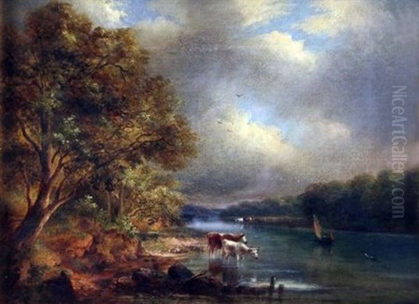 Wooded River Landscape With Cattle Watering - view 1