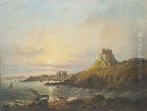 Morning, Holy Island Bay And Castle With Bamborough And The Farne Islands In The Distance by John Moore Of Ipswich