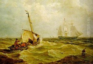 A Barque Arriving Offshore With A Small Boat Running Out To Meet Her by John Moore Of Ipswich