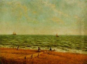 A Coastal View With Figures Walking On The Beach In The Foreground A Coastal View With Figures Walking On The Beach In The Foreground