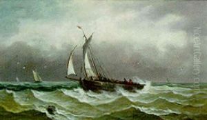 Fishing Boats In A Choppy Sea by John Moore Of Ipswich
