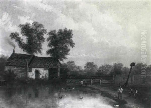 A Wooded Lanscape With Children Fishing At A Stream... - view 1