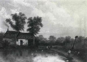 A Wooded Lanscape With Children Fishing At A Stream... A Wooded Lanscape With Children Fishing At A Stream...