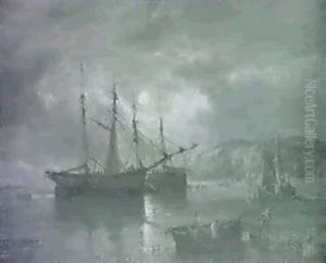 A Moonlit Coastal Scene With Fishermen And Beached Boats by John Moore Of Ipswich