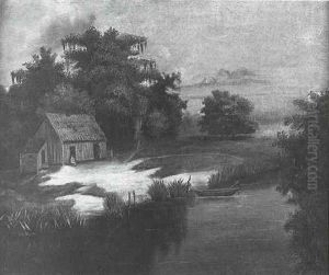 Louisiana Landscape With Cabin And Black Figures Under Moss-laden Cypresses
