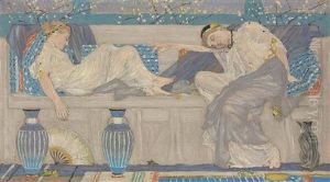 Two Female Figures Reclining On A Sofa by Albert Joseph Moore