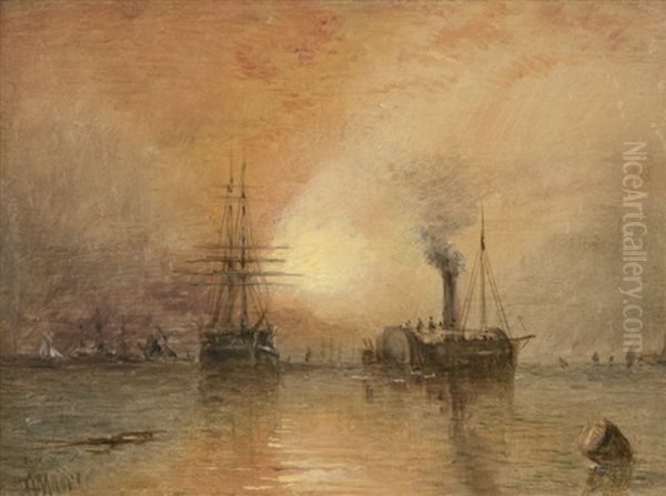Ships In Harbor At Sunset - view 1
