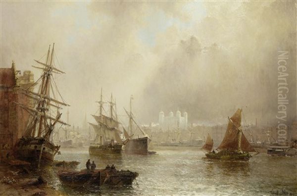 Shipping On The Thames With The Tower Of London Beyond by Claude T. Stanfield Moore