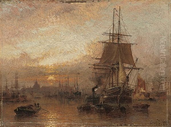 Shipping In The Pool Of London At Dusk by Claude T. Stanfield Moore