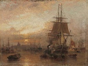 Shipping In The Pool Of London At Dusk by Claude T. Stanfield Moore