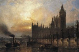 Houses Of Parliment From The Thames Embankment by Claude T. Stanfield Moore