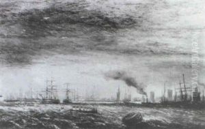 Portsmouth Harbour With H.m.s. Victory Beyond by Claude T. Stanfield Moore