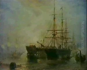 Her Majesty's Troop-ships Receiving Stores In Portsmouth Harbour by Claude T. Stanfield Moore