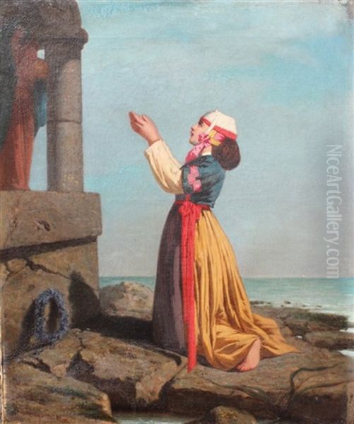 Young Maiden Of Eastern European Descent Praying Before A Madonna And Child With Ocean Waves In The Background - view 1