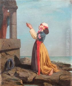 Young Maiden Of Eastern European Descent Praying Before A Madonna And Child With Ocean Waves In The Background by Ernest Moore