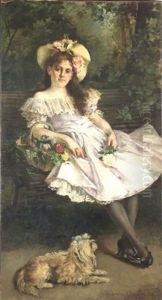 At Ease In The Garden: Portrait Of A Girl With Her Dog And A Basket Of Flowers At Ease In The Garden: Portrait Of A Girl With Her Dog And A Basket Of Flowers
