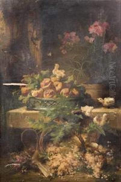 Nature Morte A La Corbeille De Fruits Et Paniers De Groseilles Jaunes, Animee De Poussin - view 1