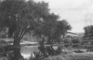 Children Fishing At A Pond by Nelson Augustus Moore