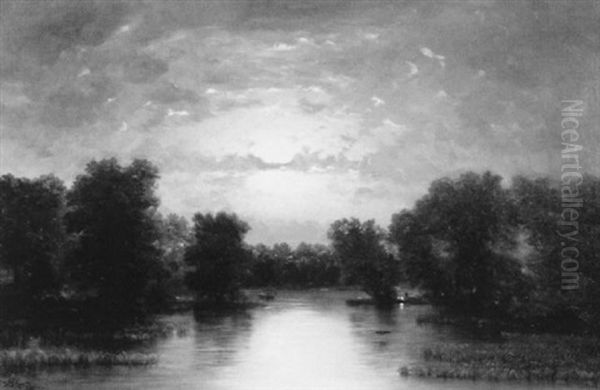 Moonlit River Landscape With Campfire - view 1
