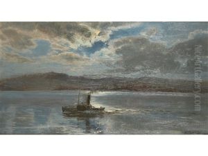 A Paddle Steamer Moving Along A River Under Moonlit Skies