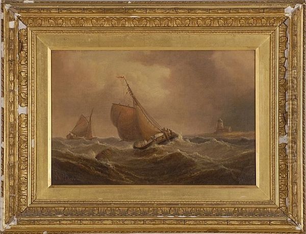 Two Vessels Battling Stormy Seas Off A Lighthouse - view 1
