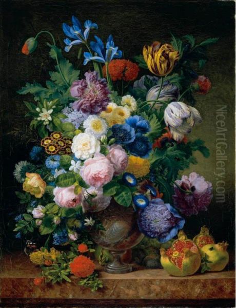 Still Life With Tulips, Carnations, Roses, Irises, Narcissi And Various Other Flowers In A Silver Vase Together With Figs, Grapes And Pomegranates On A Marble Ledge - view 1