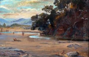 Figures In An Antipodean River Landscape by Horace Millichamp Moore-Jones