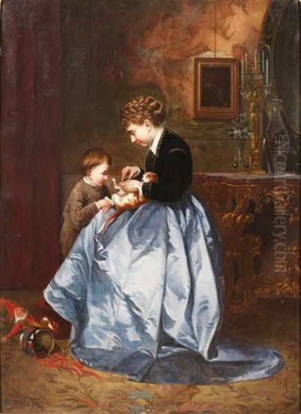 Mere Et Son Enfant Jouant Avec Un Chaton - view 1