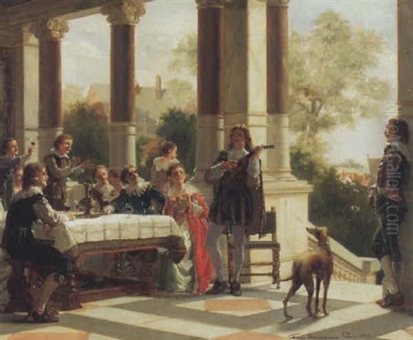 Troubadour Spielt Vor Einer In Der Loggia Tafelnden Gesellschaft - view 1